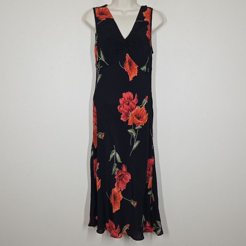Vtg 90s Y2K Dark Floral Midi Dress Sleeveless L Fairy Grunge Whimsigoth Romance